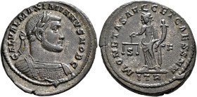 Galerius, as Caesar, 293-305. Follis (Silvered bronze, 29 mm, 10.45 g, 12 h), Treveri, circa 302-303. GAL VAL MAXIMIANVS NOB C Laureate and cuirassed ...