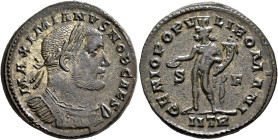 Galerius, as Caesar, 293-305. Follis (Silvered bronze, 27 mm, 9.65 g, 12 h), Treveri, circa 302-303. MAXIMIANVS NOB CAES Laureate and cuirassed bust o...