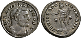 Galerius, as Caesar, 293-305. Follis (Silvered bronze, 27 mm, 9.77 g, 12 h), Treveri, circa 302-303. MAXIMIANVS NOB C Laureate and cuirassed bust of G...