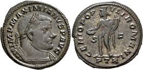 Maximianus, first reign, 286-305. Follis (Silvered bronze, 27 mm, 7.77 g, 5 h), Treveri, circa 303-May 305. IMP MAXIMIANVS P AVG Laureate and cuirasse...