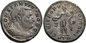 Constantius I, as Caesar, 293-305. Follis (Silvered bronze, 26 mm, 10.00 g, 6 h), Treveri, circa 303-May 305. CONSTANTIVS NOB C Laureate and cuirassed...