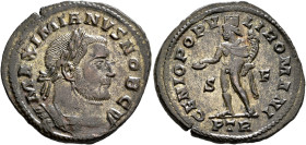 Galerius, as Caesar, 293-305. Follis (Silvered bronze, 28 mm, 8.19 g, 5 h), Treveri, circa 303-May 305. MAXIMIANVS NOB C Laureate and cuirassed bust o...