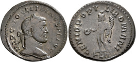 Diocletian, 284-305. Follis (Silvered bronze, 29 mm, 9.65 g, 12 h), Lugdunum, circa 295. IMP C DIOCLETIANVS P F AVG Laureate head of Diocletian to rig...