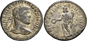 Galerius, as Caesar, 293-305. Follis (Silvered bronze, 20 mm, 9.89 g, 6 h), Lugdunum, circa 295. G VAL MAXIMIANVS NOB C Laureate head of Galerius to r...