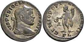 Diocletian, 284-305. Follis (Silvered bronze, 26 mm, 7.80 g, 7 h), Lugdunum, circa 296. IMP C DIOCLETIANVS P F AVG Laureate head of Diocletian to righ...