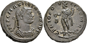 Maximianus, first reign, 286-305. Follis (Silvered bronze, 28 mm, 10.77 g, 12 h), Lugdunum, circa 296. IMP C MAXIMIANVS AVG Laureate and cuirassed bus...