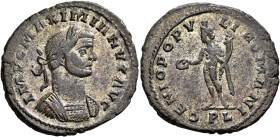 Maximianus, first reign, 286-305. Follis (Silvered bronze, 28 mm, 8.35 g, 1 h), Lugdunum, circa 296. IMP C MAXIMIANVS AVG Laureate and cuirassed bust ...