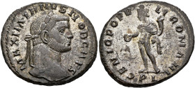 Galerius, as Caesar, 293-305. Follis (Silvered bronze, 28 mm, 10.93 g, 6 h), Lugdunum, circa 296. MAXIMIANVS NOB CAES Laureate head of Galerius to rig...