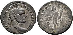 Maximianus, first reign, 286-305. Follis (Silvered bronze, 26 mm, 9.24 g, 6 h), Lugdunum, circa 297. IMP C MAXIMIANVS P F AVG Laureate head of Maximia...