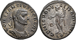 Constantius I, as Caesar, 293-305. Follis (Silvered bronze, 26 mm, 8.50 g, 12 h), Lugdunum, circa 297. CONSTANTIVS NOB CAES Laureate and cuirassed bus...