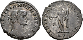 Galerius, as Caesar, 293-305. Follis (Silvered bronze, 26 mm, 8.23 g, 6 h), Lugdunum, circa 297. MAXIMIANVS NOB CAES Laureate head of Galerius to righ...