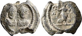 Honorius and Theodosius II (?), late 4th-early 5th centuries. Seal (Lead, 22 mm, 8.56 g, 12 h). Two crowned and draped imperial busts facing, cross be...