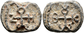 Iakobos (Jacob), 6th century. Seal (Lead, 16 mm, 3.39 g, 12 h). Cruciform monogram IAKⲰBOV. Rev. Cruciform monogram Z, OV, H, Ⲱ and possibly A or Δ be...
