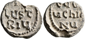 Eutychianus, illustrius, 6th century. Seal (Lead, 21 mm, 8.09 g, 12 h). ЄЧT/ЧChIA/NЧ in three lines. Rev. IL/LЧST/RIЧ in three lines. Zacos/Veglery 80...