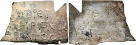 Anonymous, 5th-7th centuries. Votive Tablet or Tabula Ansata (Bronze, 78x54 mm, 12.50 g). ...ΛYBPЄI / ...THPION / ...ЄIPATOC in three lines. Rev. Nega...