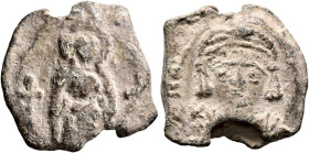 Maurice Tiberius, 582-602. Seal (Lead, 22 mm, 7.38 g, 12 h). The Mother of God standing facing, holding Christ before her; to left and right, cross. R...