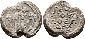 Georgios, apo eparchon, 7th century. Seal (Lead, 26 mm, 14.44 g, 12 h). The Mother of God standing to left, holding infant Christ, wearing nimbus cruc...