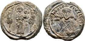 Theodosius III of Adramytium, 715-717. Seal (Lead, 38 mm, 36.97 g, 12 h). The Mother of God “Hodegetria” standing facing, nimbate, wearing chiton and ...