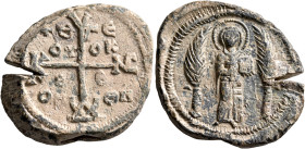 Uncertain, 1st half of 8th century. Seal (Lead, 31 mm, 24.36 g, 12 h). Cruciform monogram containing K, ΓPV, NC and ΔΑⲰ. Rev. The Mother of God (?) st...