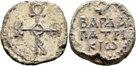 Bardas, patrikios, 8th century. Seal (Lead, 22 mm, 11.72 g, 12 h). Cruciform monogram ΘЄOTOKЄ BOHΘЄI. Rev. BAPΔA / ΠATPI/KIⲰ in three lines, cross abo...