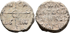 Konstantinos, protospatharios and kleisouriarches of Charsianon, 9th century. Seal (Lead, 25 mm, 13.92 g, 12 h). Cruciform monogram ΘЄOTOKЄ BOHΘЄI. In...