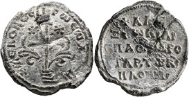 Alexios, imperial protospatharios and droungarios of the fleet, 10th century. Seal (Lead, 30 mm, 11.81 g, 11 h). +KЄ ROHΘЄI TⲰ CⲰ Δ[OV]Λ, Patrarchal c...