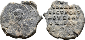 Konstantinos Bourtzes, magistros and doux of Antioch, 2nd quarter 11th century. Seal (Lead, 36 mm, 24.94 g, 12 h). ...M/H/TPI/O, Nimbate facing bust o...