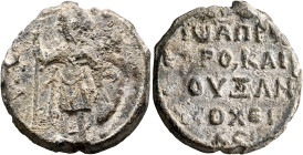 Johannes, protoproedros and doux of Antioch, mid 11th century. Seal (Lead, 29 mm, 17.68 g, 12 h). Saint Theodore, nimbate, standing facing, holding sp...
