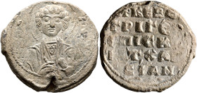 Gregorios, episkeptites of Charsianon, middle 11th century. Seal (Lead, 24 mm, 7.77 g, 12 h). Θ / Π/AN-T/Є[Λ]/Є Facing, half-length bust of Saint Pant...