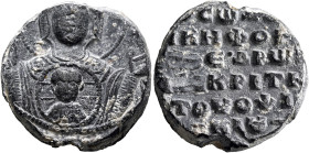 Nikephoros, proedros and judge of Opsikion, middle 11th century. Seal (Lead, 22 mm, 10.37 g, 12 h). MHP ΘV Nimbate Mother of God “Episkepsis”, raising...
