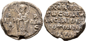 Basilios, protoproedros, 11th century. Seal (Lead, 25 mm, 12.00 g, 12 h). O / A/ΓI - R/A/C/I-Λ-H (both sigla in the pattern of a cross) Saint Basil st...