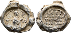 Anonymous, 11th century. Seal (Lead, 20 mm, 7.06 g, 12 h). MHP - ΘV The Mother of God “Hagiosoritissa” standing to right, nimbate, both hands raised i...