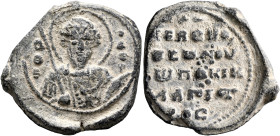 Pokik, magistros, 11th century. Seal (Lead, 28 mm, 10.86 g, 12 h). Θ / Θ/Є-O/Δ/O/P Nimbate facing bust of Saint Theodore, holding a spear over his rig...