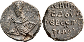 Arebes ..., patrikios (?), 11th century. Seal (Lead, 21 mm, 7.18 g, 12 h). [Θ / ΘЄO]-Δ/Ⲱ/PO Nimbate facing bust of Saint Theodore, holding a spear ove...