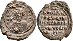 Pankratios (?), patrikios, 11th century. Seal (Lead, 29 mm, 14.44 g, 12 h). Θ / Θ/Є-O/Δ/ⲰP, Nimbate facing bust of Saint Theodore, holding a spear ove...