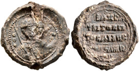 Bachramios (Armenian Vahram), hypatos and faithful man of the maistor, 11th century. Seal (Lead, 24 mm, 11.70 g, 12 h). O / Θ/Є-O/ΔⲰ/P, Nimbate facing...
