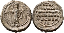 Romanos Skleros, kouropalates, 1057-1065. Seal (Lead, 38 mm, 30.47 g, 12 h). M/I-X/A St. Michael, nimbate, standing facing on dais, holding cruciform ...