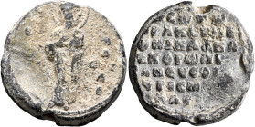 Basileios, parakoimomenos (and doux of Edessa), 1060-1090. Seal (Lead, 27 mm, 14.79 g, 12 h). O [AΓIOC] - R/A/CH/Λ/Є Saint Basil, standing facing, nim...