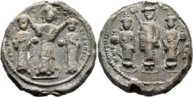Romanus IV Diogenes, with Eudocia, Michael VII, Constantius, and Andronicus, 1068-1071. Seal (Lead, 28 mm, 22.40 g, 12 h). +PⲰMA[N S] - IC - XC - ЄVΔK...