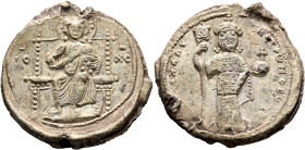 Michael VII Ducas, 1071-1078. Seal (Lead, 30 mm, 20.49 g, 12 h). IC - XC Christ seated facing on an ornate throne, wearing nimbus cruciger, raising hi...