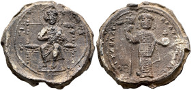 Michael VII Ducas, 1071-1078. Seal (Lead, 32 mm, 30.69 g, 12 h). IC - XC Christ seated facing on an ornate throne, wearing nimbus cruciger, raising hi...