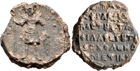 Philaretos (Brachamios), sebastos and domestikos of the regiments (of the East), 1081. Seal (Lead, 29 mm, 19.38 g, 12 h). Saint Theodore, nimbate, sta...