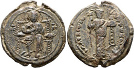Alexius I Comnenus, 1081-1118. Seal (Lead, 36 mm, 31.70 g, 12 h). IC - XC Christ seated facing on an ornate throne, wearing nimbus cruciger, raising h...