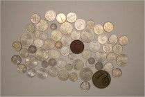 A lot containing 61 silver and bronze coins & medals. All: World. 1234 g. Fine to Proof. LOT SOLD AS IS, NO RETURNS. 61 coins in lot.