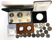 A lot containing 2 platinum and 28 silver and bronze coins. All: World. Mainly: Spain. Very fine to proof. LOT SOLD AS IS, NO RETURNS. 30 coins in lot...