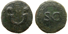 Druso el Joven, hijo de Tiberio (22-23 dC). Sestercio. a/ Cabezas enfrentadas de dos niños sobre cornucopias cruzadas, con caduceo alado entre ellas. ...
