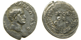 Galba (68-69 dC). Denario. a/ IMP SER GALBA AVG. r/ SPQR OB C S. (Spink 2109). Buen retrato. Rara. Acuñación desplazada. 2,87 gr. 

(MBC+)