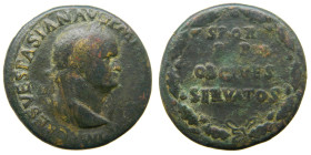 Vespasiano (69-78 dC). Sestercio. a/ IMP CAES VESPASIAN AVG P M TR... r/ SPQR / P P / OB CIVES / SERVATOS / S C. (Spink 2341v). 26,16 gr. 

BC+