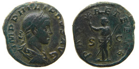 Filipo II (247-249 dC). Sestercio. a/ IMP PHILIPPVS AVG. r/ PAX AETERNA S C (Spink 9281).

MBC+