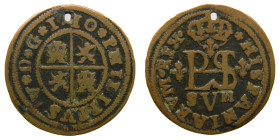 FELIPE V (1700-1746). 1710. Sevilla. 2 maravedís. (AC 76; JS O-7). Rara. Agujero a las 12 h. 2,42 gr. 

(MBC)